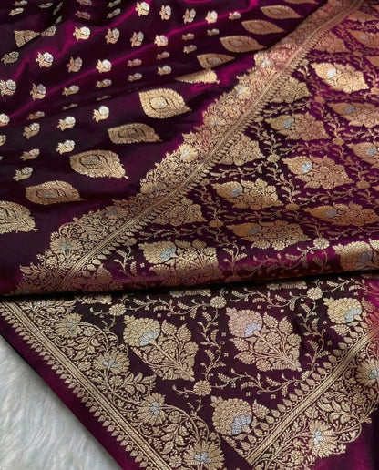 Vilina - banarasi satin silk meena boota saree in rich maroon shades