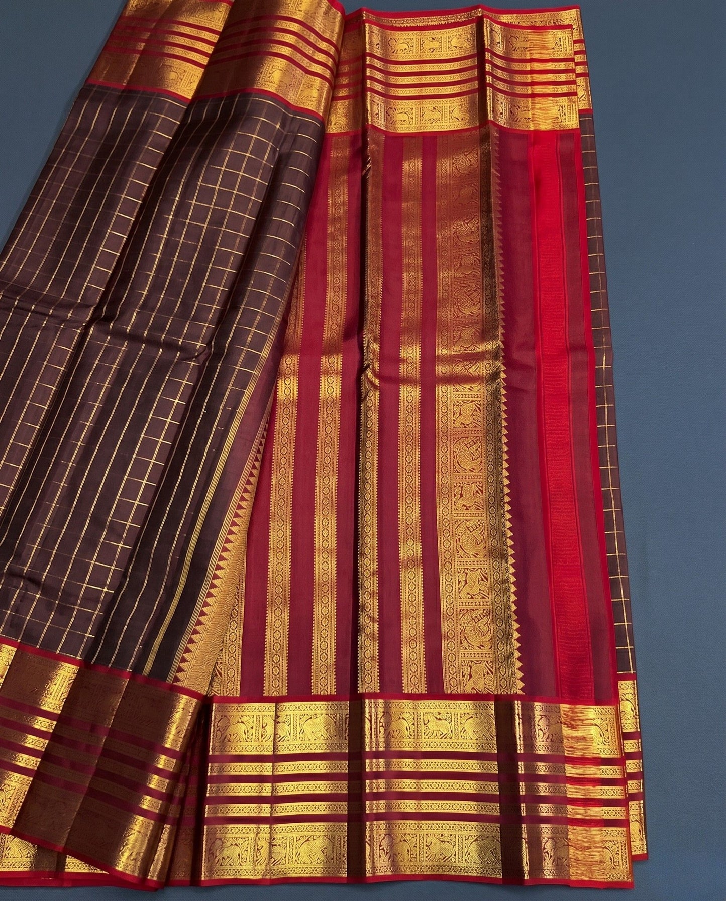 Taru - Rich Brown Silk Saree With Traditional Temple Zari Border