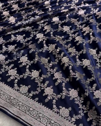 Pratiksha - Navy Blue Katan Silk Saree with Silver Zari Jaal and Temple Border