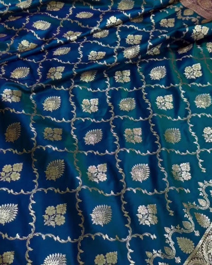 Mahika-Teal Banarasi Satin Saree with Zari Floral & Contrast Maroon Border
