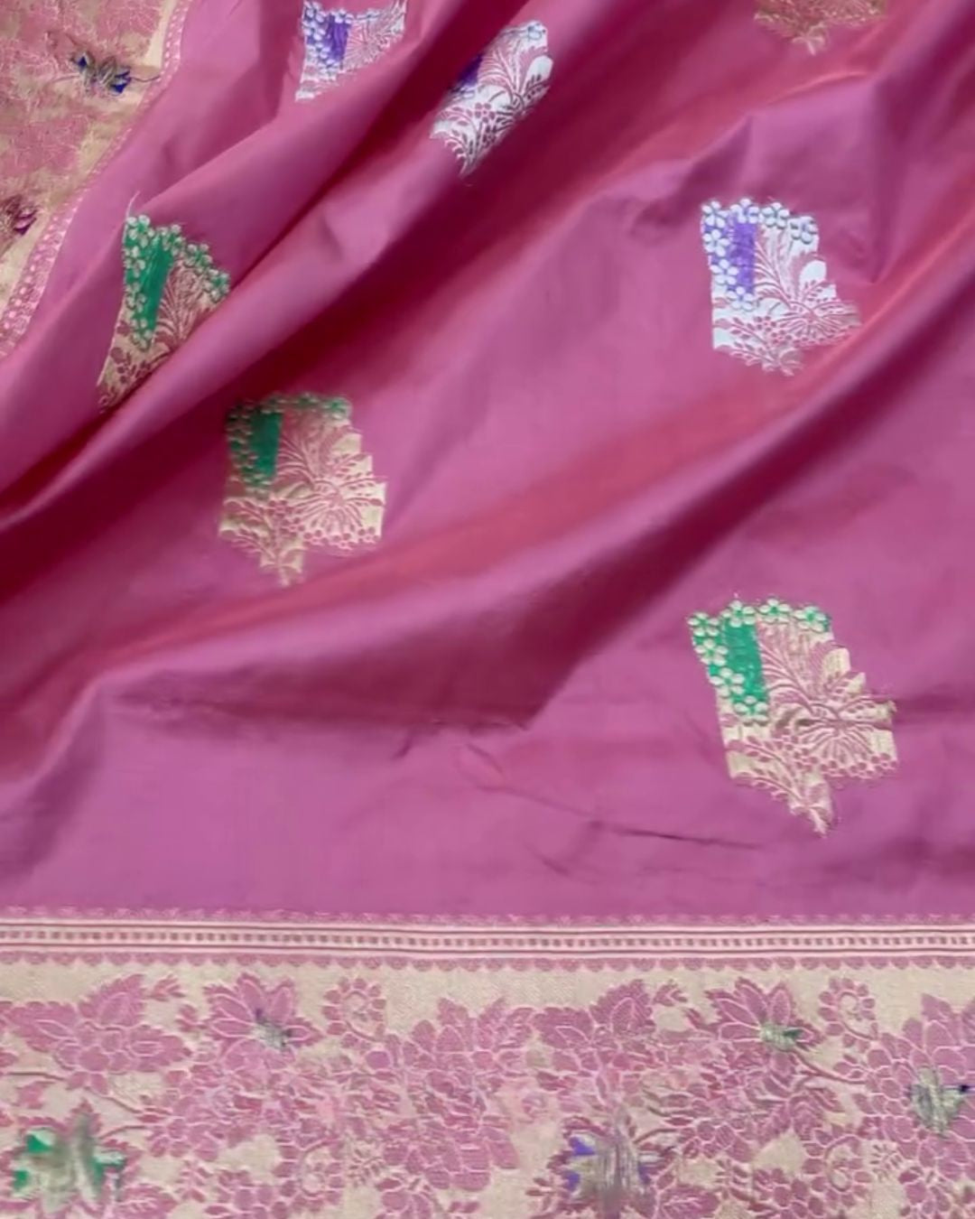 Dipali - Old Rose Pink Banarasi Silk Saree with Multicolour Zari Border