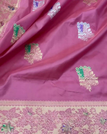 Dipali - Old Rose Pink Banarasi Silk Saree with Multicolour Zari Border