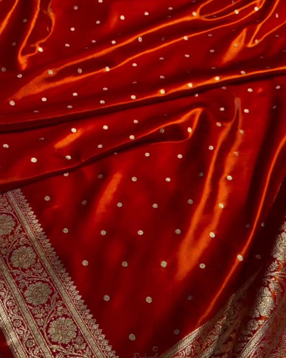 Ashwini - Red Satin Banarasi Saree with Zari Dot Weave & Floral Border
