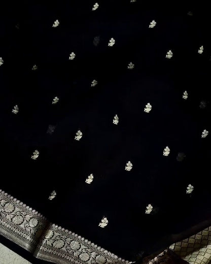 Ojaswini - Black Banarasi Silk Saree with Silver Zari Border