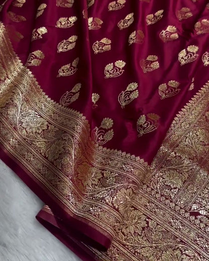 Shyamali - Deep Wine Katan Silk Saree with Zari Paisley Boota and Floral Border