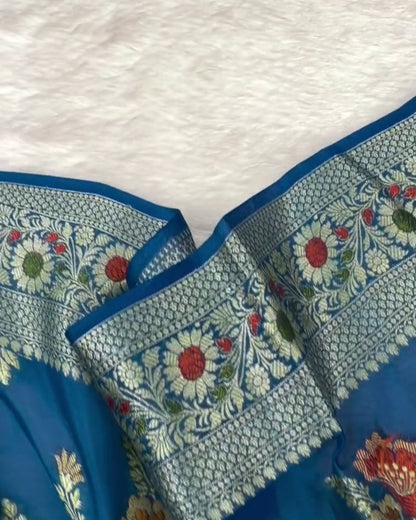Priya - Teal Blue Banarasi Silk Saree with Floral Zari Border