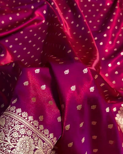 Panisa - Rani Pink Katan Silk Saree with Zari Boota and Floral Border