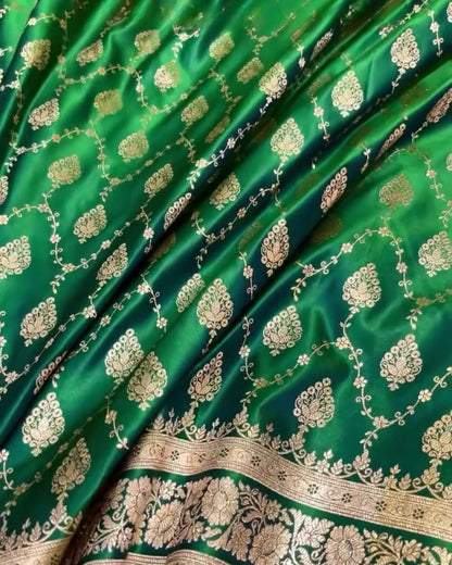 Asmita - Emerald Green Banarasi Silk Saree with Heavy Zari Jaal Border