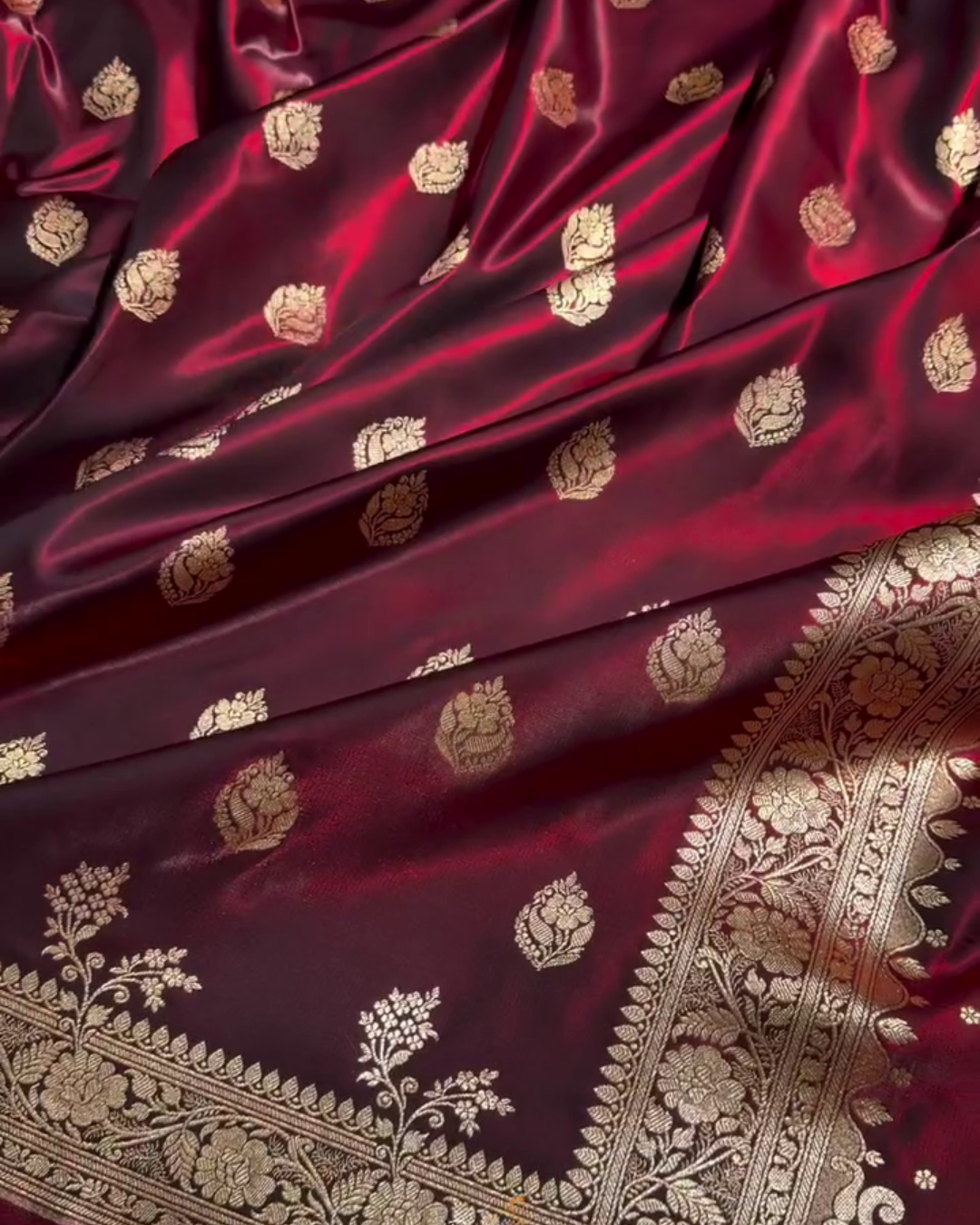 Kaushalya - Maroon Banarasi Satin Saree with Golden Zari Floral Weaving
