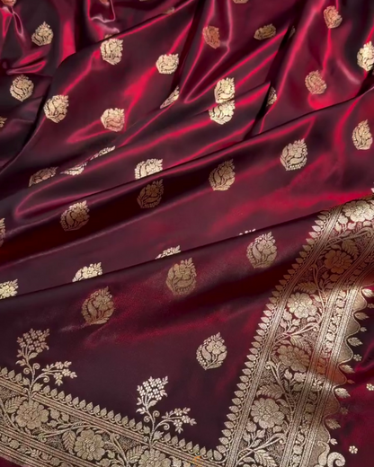 Kaushalya - Maroon Banarasi Satin Saree with Golden Zari Floral Weaving