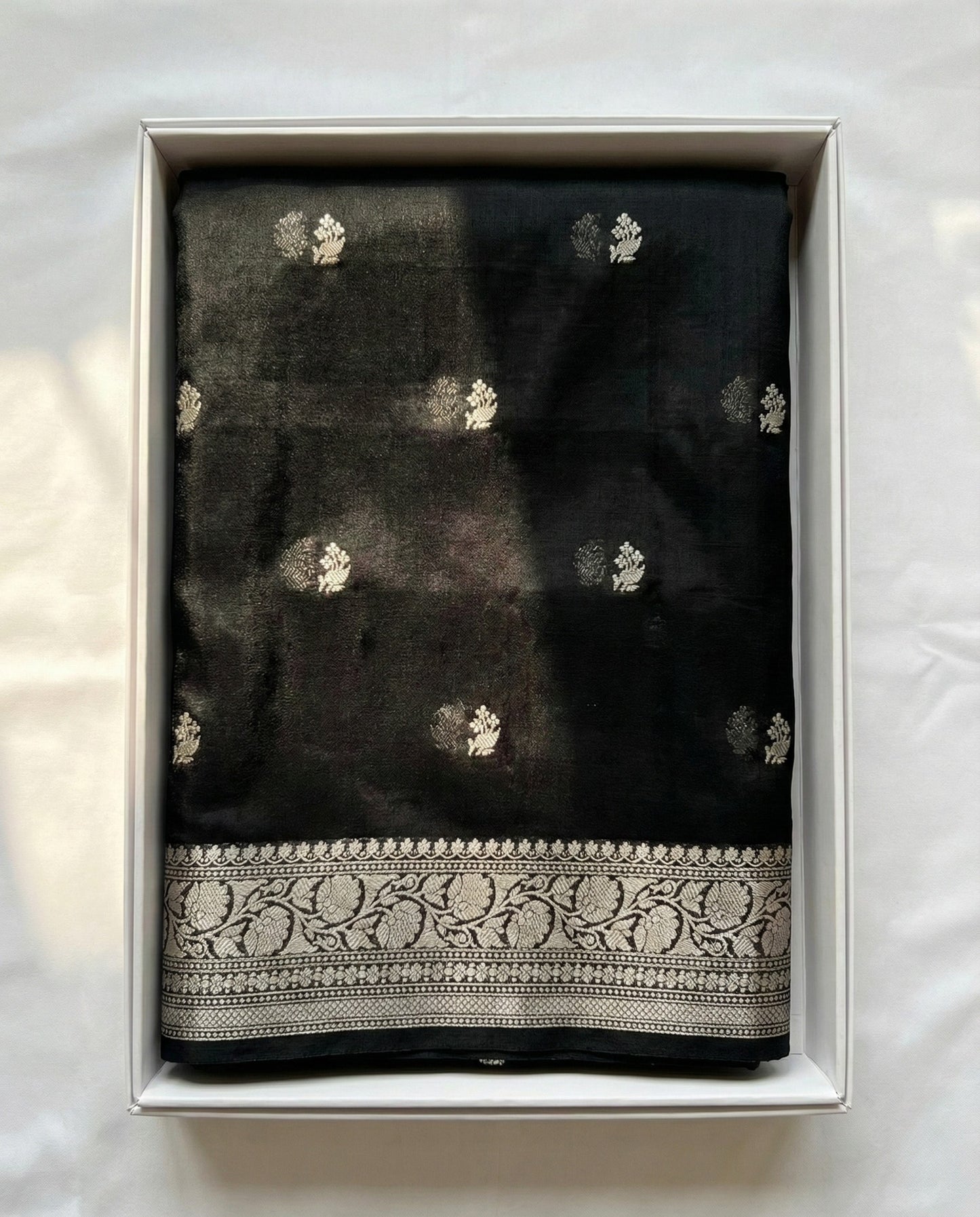 Ojaswini - Black Banarasi Silk Saree with Silver Zari Border