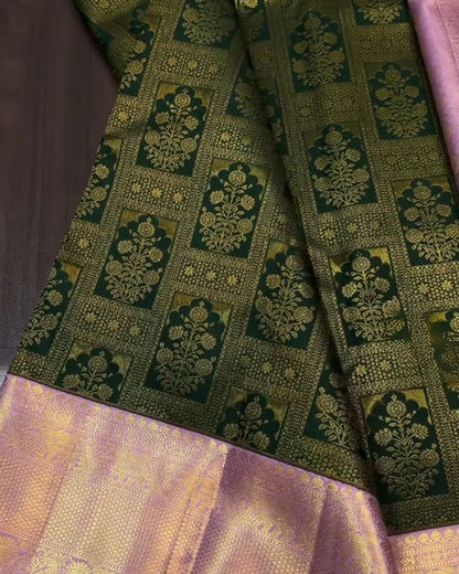 Suhasini - Dark Green Katan Silk Saree with Zari Floral Jaal and Pink Border