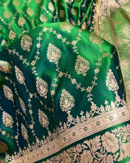 Asmita - Emerald Green Banarasi Silk Saree with Heavy Zari Jaal Border