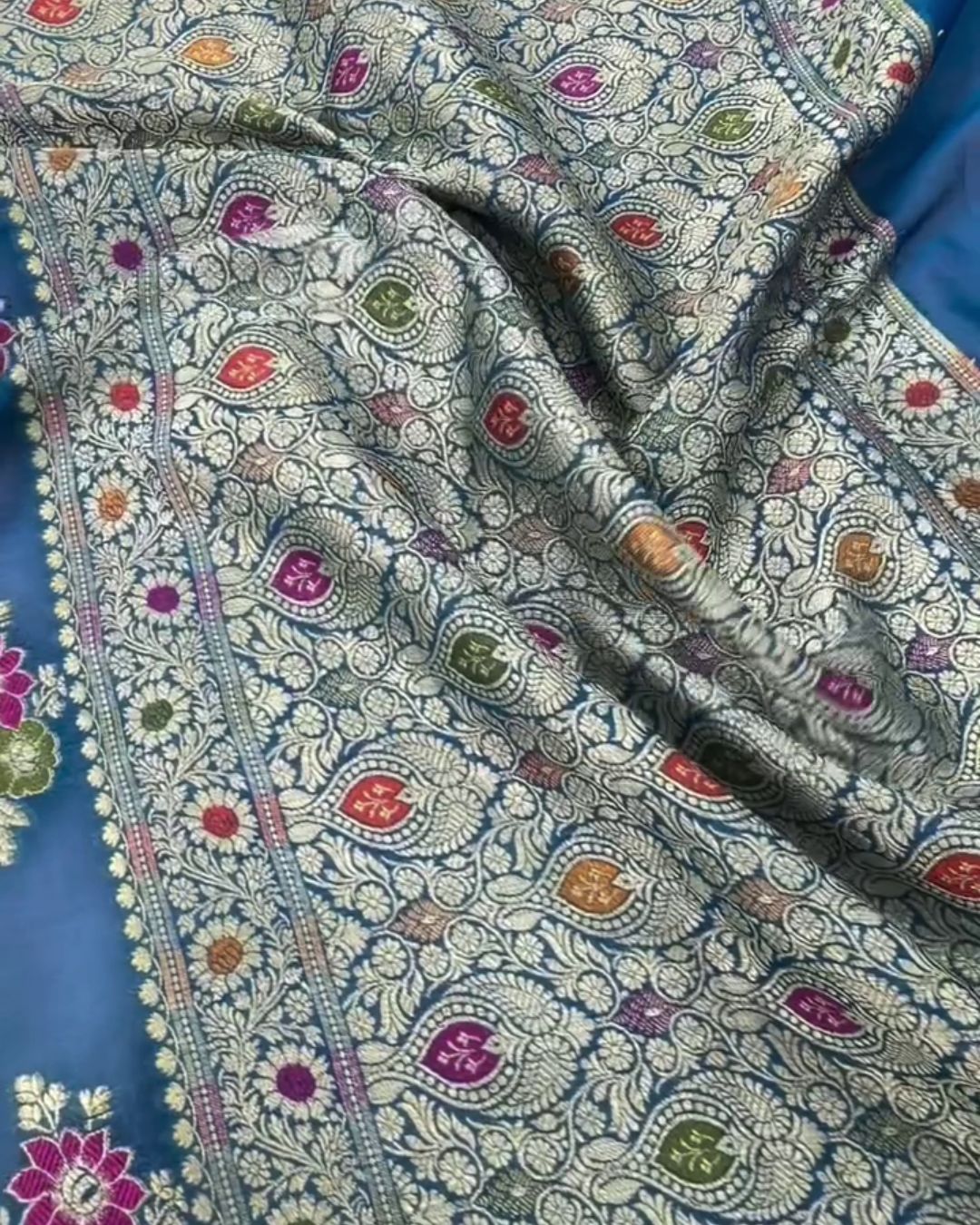 Priya - Teal Blue Banarasi Silk Saree with Floral Zari Border