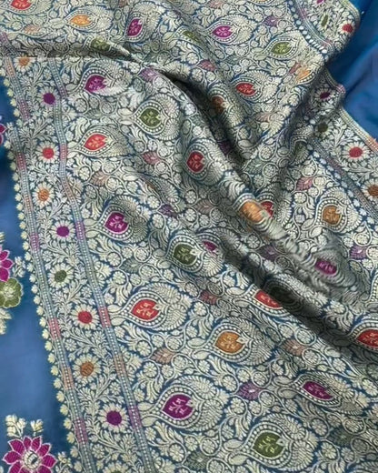 Priya - Teal Blue Banarasi Silk Saree with Floral Zari Border
