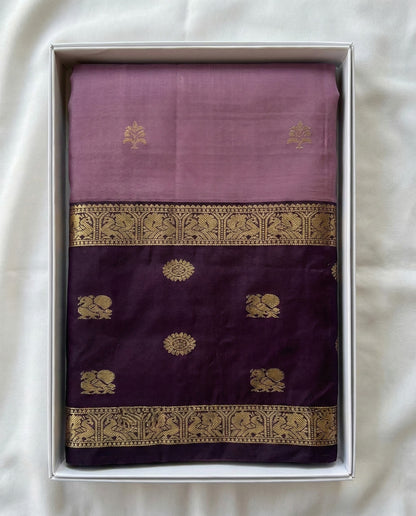 Sunayna - Dusty Mauve Banarasi Silk Saree with Contrast Zari Border