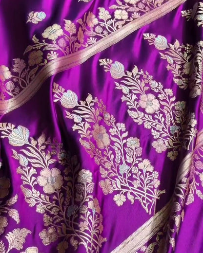 Bhumi - Deep Purple Banarasi Silk Saree with Floral Zari Border