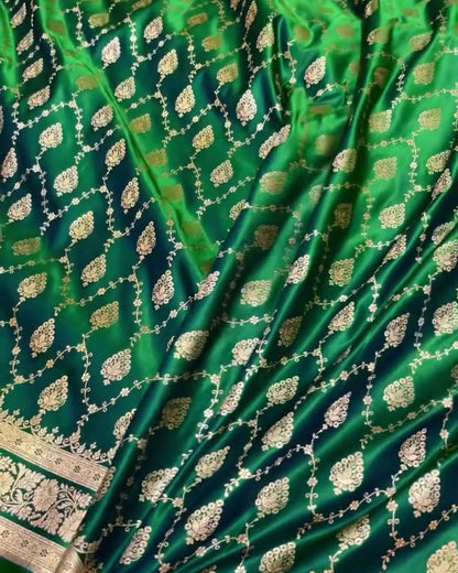 Asmita - Emerald Green Banarasi Silk Saree with Heavy Zari Jaal Border