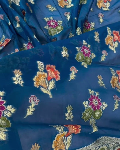 Priya - Teal Blue Banarasi Silk Saree with Floral Zari Border