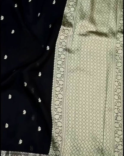 Ojaswini - Black Banarasi Silk Saree with Silver Zari Border