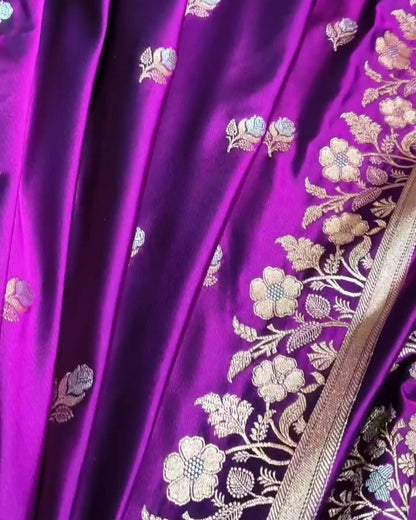 Bhumi - Deep Purple Banarasi Silk Saree with Floral Zari Border