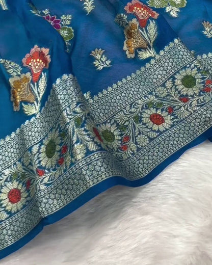 Priya - Teal Blue Banarasi Silk Saree with Floral Zari Border