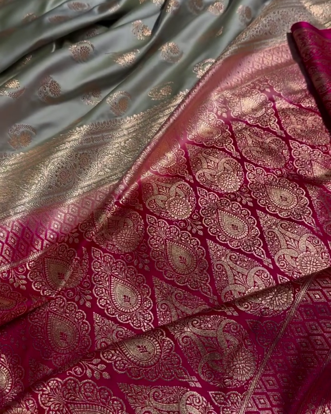 Charulata - Green Katan Silk Saree with Zari Boota and Pink Border