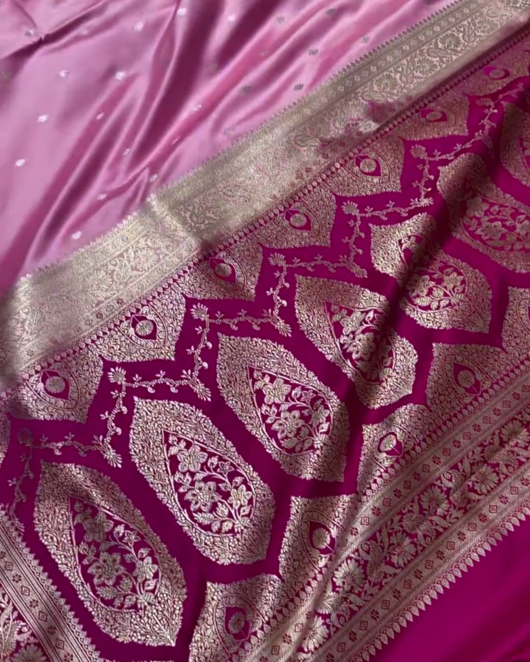 Tanirika - Pink Mashru Silk Saree with Golden Zari Butta & Royal Woven Pallu