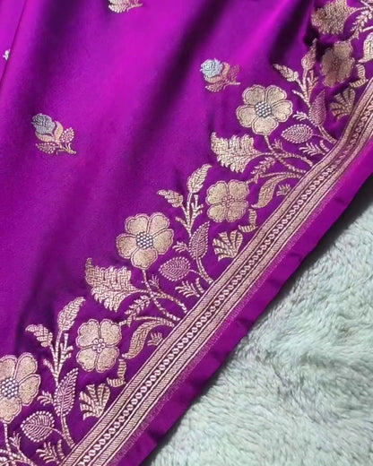 Bhumi - Deep Purple Banarasi Silk Saree with Floral Zari Border