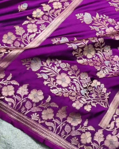 Bhumi - Deep Purple Banarasi Silk Saree with Floral Zari Border
