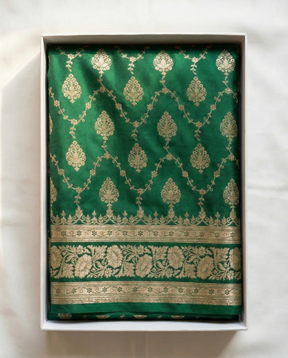 Asmita - Emerald Green Banarasi Silk Saree with Heavy Zari Jaal Border