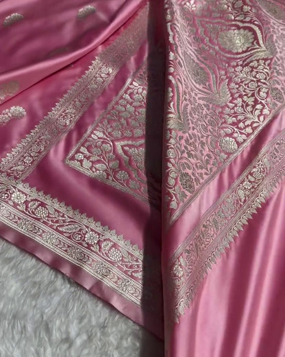 Aadhya - Pink Satin Silk Saree with Zari Floral Weave and Silver Border