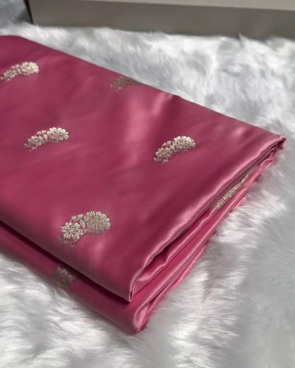 Aadhya - Pink Satin Silk Saree with Zari Floral Weave and Silver Border