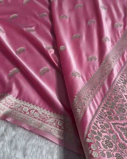 Aadhya - Pink Satin Silk Saree with Zari Floral Weave and Silver Border