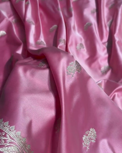 Aadhya - Pink Satin Silk Saree with Zari Floral Weave and Silver Border