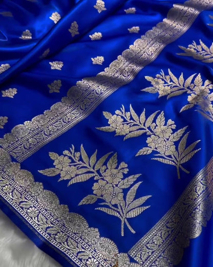 Aarika - Royal Blue Katan Silk Saree with Zari Floral Booti and Traditional Border