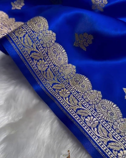 Aarika - Royal Blue Katan Silk Saree with Zari Floral Booti and Traditional Border