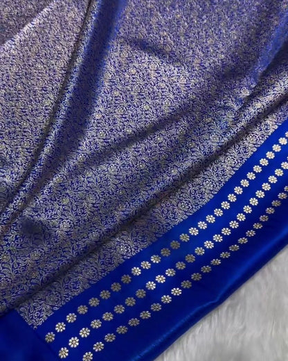 Aarika - Royal Blue Katan Silk Saree with Zari Floral Booti and Traditional Border