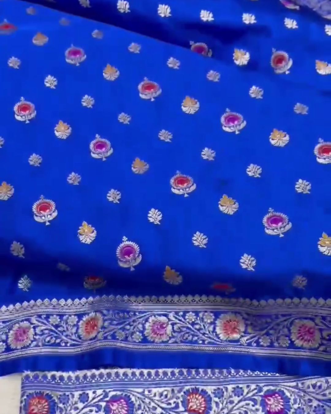 Advika - Royal Blue Katan Silk Saree with Zari Floral Weave and Contrast Border