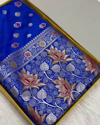 Advika - Royal Blue Katan Silk Saree with Zari Floral Weave and Contrast Border