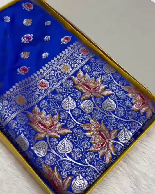 Advika - Royal Blue Katan Silk Saree with Zari Floral Weave and Contrast Border