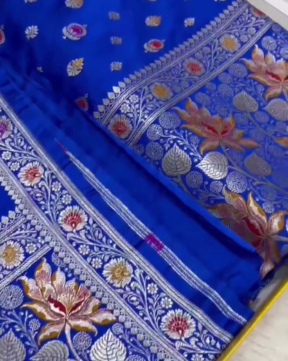 Advika - Royal Blue Katan Silk Saree with Zari Floral Weave and Contrast Border