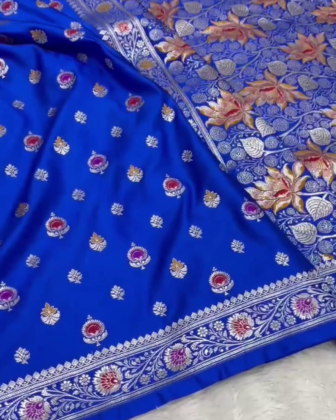 Advika - Royal Blue Katan Silk Saree with Zari Floral Weave and Contrast Border