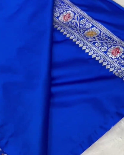 Advika - Royal Blue Katan Silk Saree with Zari Floral Weave and Contrast Border