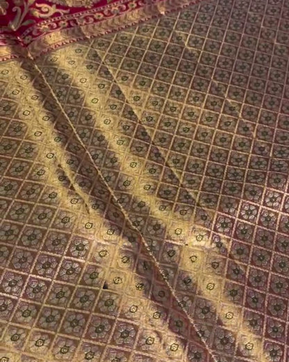 Akhila - Gold Semi Kanchipuram Saree with Floral Checks and Red Zari Border