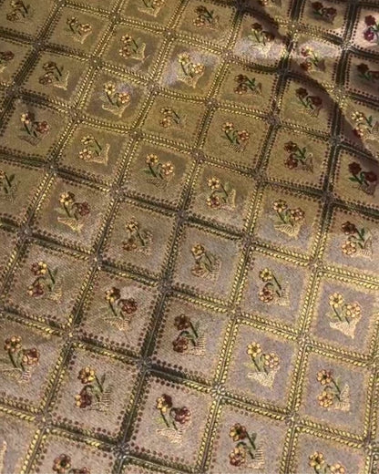 Akhila - Gold Semi Kanchipuram Saree with Floral Checks and Red Zari Border