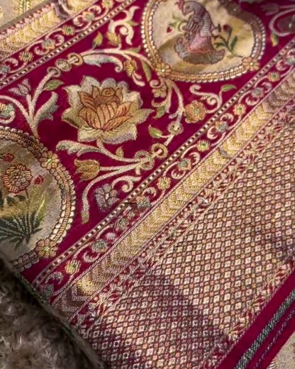 Akhila - Gold Semi Kanchipuram Saree with Floral Checks and Red Zari Border