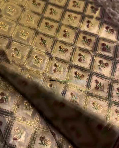 Akhila - Gold Semi Kanchipuram Saree with Floral Checks and Red Zari Border