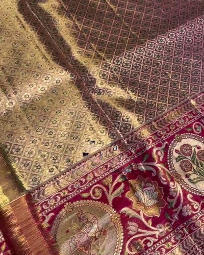 Akhila - Gold Semi Kanchipuram Saree with Floral Checks and Red Zari Border