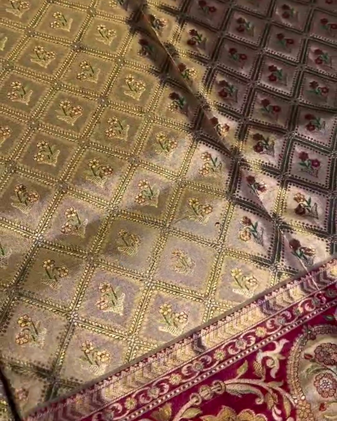 Akhila - Gold Semi Kanchipuram Saree with Floral Checks and Red Zari Border